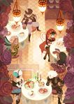  black_armor blonde_hair braid brown_hair bunny cake candle chair commentary cornelius_(odin_sphere) crossed_legs cup eating flower food gwendolyn hair_flower hair_ornament hans_tseng hat_feather highres hood indoors ingway_(odin_sphere) mercedes midriff mug odin_sphere oswald_(odin_sphere) pointy_ears restaurant rug short_hair sitting slice_of_cake table turban twin_braids vanillaware velvet_(odin_sphere) white_hair 