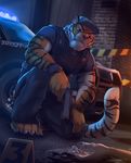  4_toes 5_fingers anthro car clothed clothing detailed_background feline fur gun holding_object holding_weapon koul male mammal orange_fur police ranged_weapon tiger toes vehicle weapon 