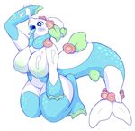  2017 amphibian anthro aquatic_dragon areola big_breasts blue_eyes blush breasts cetacean clorine_(napdust) cum digital_media_(artwork) dragon female hybrid kneeling mammal marine napdust nipples open_mouth scales scalie simple_background slightly_chubby solo thick_thighs tongue white_background 