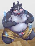  2017 4_ears anthro blush clothed clothing iittkkinfinity male multi_ear nipple_pinch obese overweight pinch precum shorts slime third_eye tokyo_afterschool_summoners tongue topless tsathoggua 
