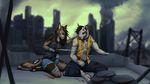  anthro barefoot black_hair brown_hair canine clothed clothing detailed_background digitigrade dog duo female hair kero_tzuki kneeling male mammal 