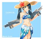  :q bikini_top black_hair blue_background blue_eyes blush dual_wielding floral_print flower hat hat_flower holding isuzu_(kantai_collection) kantai_collection long_hair looking_at_viewer navel sarong solo sun_hat tongue tongue_out twintails twitter_username yamashiki_(orca_buteo) 