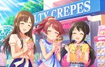  3girls blush brown_hair dress eyes_closed idolmaster idolmaster_cinderella_girls idolmaster_cinderella_girls_starlight_stage long_hair mart mizumoto_yukari multiple_girls nakano_yuka ponytail shiina_noriko sky smile twintails 