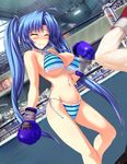  1girl bangs bikini blue_hair blush boxing boxing_gloves boxing_ring breasts clenched_teeth crowd dutch_angle eyes_closed large_breasts long_hair navel side-tie_bikini solo_focus standing striped swimsuit thighs twintails 