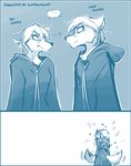  &lt;3 ... 2017 ambiguous_gender angry anthro blue_background canine clothed clothing clovis_(twokinds) comic duo ears_back english_text face_to_face fox gem glaring hi_res hood hug keidran kissing making_out mammal monochrome robes selfcest simple_background sketch square_crossover text tom_fischbach twokinds webcomic white_background wolf 