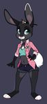  2016 anthro black_fur blue_eyes breasts chest_tuft clothed clothing disney eyebrows eyelashes female fur jackie_lopes_(character) lagomorph looking_at_viewer mammal midriff navel_tuft nycket open_shirt paintbrush pink_nose smile solo standing tuft white_fur zootopia 
