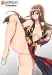  bare_shoulders black_dress bracelet braid breasts brown_hair china_dress chinese_clothes chun-li cleavage dress fighting_stance hair_down jewelry large_breasts leg_up long_hair looking_at_viewer no_bra no_panties pelvic_curtain pussy revealing_clothes sideboob solo spiked_bracelet spikes street_fighter street_fighter_v tofuubear twin_braids 