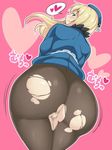  ass ass_shake atago_(kantai_collection) backboob blonde_hair blue_eyes breasts censored curvy from_behind hat heart highres huge_ass kantai_collection large_breasts long_hair looking_at_viewer looking_back mosaic_censoring naughty_face pantyhose pink_background pussy raised_eyebrows simple_background smile solo sumemako thick_thighs thighs torn_clothes torn_legwear translation_request wide_hips 