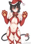  animal_ears ass_visible_through_thighs bare_shoulders bell bikini black_hair blush bow breasts cat_ears cat_tail choker cleavage covered_nipples cowboy_shot elbow_gloves fur_trim gloves haijin hair_between_eyes hat large_breasts looking_at_viewer navel original paw_gloves paws red_bikini red_eyes red_gloves red_legwear ribbon_choker santa_hat short_hair simple_background slit_pupils solo swimsuit tail tail_bell tail_bow thighhighs watermark web_address white_background wide-eyed 