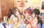  3girls blush brown-eyes brown_hair dress idolmaster idolmaster_cinderella_girls idolmaster_cinderella_girls_starlight_stage long_hair mizumoto_yukari multiple_girls nakano_yuka shiina_noriko smile 