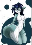  anthro black_hair breast_grab breasts canine caressing_tail d-cups female fur green_fur grope hair half-closed_eyes hand_on_breast long_hair looking_at_viewer mammal nude shadowraiser simple_background smile solo standing stripes tasteful_nudity trish_eledon_(character) two-tone_eyes white_fur wolf 