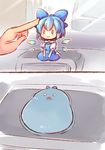  2koma blue_dress blue_eyes blue_hair blue_ribbon blush bow car_interior chibi cirno closed_mouth comic dress fairy_wings flower hair_bow hands ice ice_wings open_mouth photo-referenced pjrmhm_coa poking puffy_short_sleeves puffy_sleeves ribbon seiza shirt short_hair short_sleeves sitting sleeveless sleeveless_dress smile solo touhou white_shirt wings 