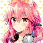  animal_ears blush collarbone fate/extra fate/grand_order fate_(series) fox_ears headphones heart heart-shaped_pupils jewelry light_smile necklace pink_hair silver15 solo symbol-shaped_pupils tamamo_(fate)_(all) tamamo_no_mae_(fate) yellow_eyes 