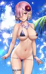  bikini bikini_pull black_bikini blue_sky bracelet breasts cleavage cloud covered_nipples day eyebrows_visible_through_hair eyes_visible_through_hair fate/grand_order fate_(series) flower flower_necklace glint hair_flower hair_ornament hair_over_one_eye jewelry large_breasts light_particles mash_kyrielight micro_bikini navel necklace outdoors parted_lips pink_hair purple_eyes remana short_hair side-tie_bikini skindentation sky solo string_bikini swimsuit thigh_strap 