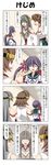  4koma ahoge akebono_(kantai_collection) bell blank_eyes brown_eyes brown_hair comic commentary detached_sleeves flower grey_eyes grey_hair hair_bell hair_flower hair_ornament hallway hands_together haruna_(kantai_collection) headgear hiei_(kantai_collection) highres japanese_clothes jingle_bell kantai_collection kongou_(kantai_collection) long_hair long_sleeves multiple_girls nontraditional_miko open_mouth pleated_skirt purple_eyes purple_hair rappa_(rappaya) school_uniform serafuku shaded_face short_hair short_sleeves side_ponytail sidelocks skirt smile speech_bubble tearing_up traditional_media translated v_arms wide_sleeves 