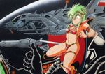  80s armor bikini_armor cape green_hair holding holding_sword holding_weapon horns kahm long_hair manabe_jouji official_art oldschool outlanders pauldrons solo space space_craft sword thigh_strap thumbs_up weapon 