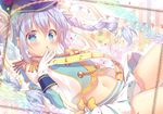  black_hat blue_eyes blue_hair braid eyebrows_visible_through_hair gloves gochuumon_wa_usagi_desu_ka? hair_ornament hand_to_own_mouth hat kafuu_chino long_hair looking_at_viewer mitsumomo_mamu navel parted_lips pleated_skirt skirt solo white_gloves white_skirt x_hair_ornament 