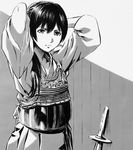  bougu greyscale highres kendo long_hair looking_at_viewer monochrome ponytail shinai solo sword tying_hair ume_(yume_uta_da) weapon 