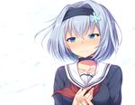  bangs blue_eyes blush closed_mouth collarbone commentary_request eyebrows_visible_through_hair hair_between_eyes hair_intakes hair_ornament hairband half-closed_eyes hand_on_own_chest long_sleeves looking_at_viewer momo_no_kanzume ryuuou_no_oshigoto! school_uniform serafuku short_hair silver_hair snowflake_hair_ornament solo sora_ginko tears upper_body 