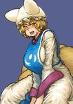  alternate_eye_color between_legs blonde_hair blush breasts brown_eyes chanta_(ayatakaoisii) commentary covered_nipples eyebrows_visible_through_hair fox_tail hand_between_legs hat highres huge_breasts long_sleeves looking_at_viewer multiple_tails pillow_hat purple_background short_hair simple_background sitting sketch slit_pupils solo sweatdrop tabard tail thick_thighs thighs touhou v_arms white_hat wide_hips wide_sleeves yakumo_ran 