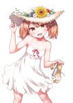  :d bare_arms blush breasts brown_eyes brown_hair cleavage collarbone commentary_request dress fang flower hat hat_flower high_heels holding holding_shoes kantai_collection kirigakure_(kirigakure_tantei_jimusho) long_hair looking_at_viewer open_mouth ryuujou_(kantai_collection) sandals shoes shoes_removed simple_background sleeveless sleeveless_dress small_breasts smile solo spaghetti_strap sun_hat sundress sunflower twintails underwear white_background white_dress 