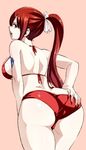  1girl :o arm ass ass_grab back bare_arms bare_back bare_legs bikini breasts brown_eyes erza_scarlet fairy_tail female hair_ribbon large_breasts leaning leaning_forward legs long_hair looking_at_viewer looking_back midriff neck open_mouth pink_background ponytail red_bikini red_hair red_swimsuit ribbon round_teeth sideboob simple_background solo tattoo teeth tied_hair white_ribbon 