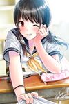  bangs black_hair blush desk kazuharu_kina long_hair looking_at_viewer one_eye_closed original red_eyes school_uniform serafuku shirt_tug smile solo 