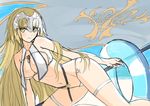  bikini blonde_hair chain commentary_request fate/apocrypha fate_(series) flag headpiece highres innertube jeanne_d'arc_(fate) jeanne_d'arc_(fate)_(all) leg_garter long_hair looking_at_viewer smile solo swimsuit tanaka_takayuki very_long_hair yellow_eyes 