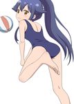  1girl :3 barefoot beachball blue_hair feet hinako_note long_hair looking_at_viewer looking_back natsukawa_kuina ponytail soles swimsuit toes yellow_eyes 