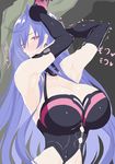  absurdres armpits arms_up blue_hair blush bodysuit breasts choujigen_game_neptune cleavage collarbone cowboy_shot dominatrix gloves grey_background highres huge_breasts ill iris_heart jewelry kami_jigen_game_neptune_v leotard long_hair looking_at_viewer neptune_(series) pendant power_symbol pururut red_eyes simple_background solo sweat symbol-shaped_pupils thighs 