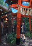  black_hair black_legwear black_skirt blue_eyes blue_neckwear blush closed_mouth lantern long_sleeves looking_at_viewer multiple_torii necktie original plant sakeharasu scenery short_hair skirt smile solo torii 