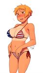  american_flag_bikini bikini bikini_tan blush breasts brown_eyes brown_hair cleavage dated flag_print large_breasts mole mole_on_breast navel original short_hair side-tie_bikini solo standing strap_gap sunburn swimsuit tan tanline tsukudani_(coke-buta) tsurime tsurime-chan underboob 