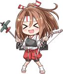  &gt;_&lt; :d arrow bow_(weapon) brown_hair chibi commentary_request hachimaki headband holding kantai_collection long_hair looking_at_viewer machinery muneate nichika_(nitikapo) open_mouth ponytail simple_background smile solo weapon white_background xd zuihou_(kantai_collection) 