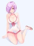  alternate_costume amakusa_itsuki bad_id bad_pixiv_id bikini blush breasts cleavage collarbone eyebrows_visible_through_hair fate/grand_order fate_(series) front-tie_top hair_over_one_eye large_breasts lavender_hair looking_at_viewer mash_kyrielight navel parted_lips pink_bikini purple_eyes short_hair side-tie_bikini simple_background sitting solo strap_pull swimsuit swimsuit_of_perpetual_summer towel wariza white_background 