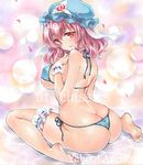  artist_name ass at_classics back barefoot bikini blue_bikini blue_hat blush breasts closed_mouth covered_nipples from_behind full_body hat large_breasts leg_garter looking_at_viewer looking_back micro_bikini mob_cap pink_hair red_eyes saigyouji_yuyuko sample side-tie_bikini sitting smile solo swimsuit touhou traditional_media triangular_headpiece wariza watermark 