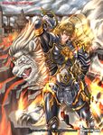  armor artist_name blonde_hair building cloud cloudy_sky copyright_name fangs fire force_of_will gloves kamijororo lion male_focus official_art open_mouth red_eyes rock scar sky solo sword teeth upper_body weapon yellow_eyes ywain_(force_of_will) 