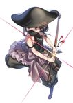  armor bare_shoulders black_hair face_mask frills full_body geta japanese_armor jingasa katana mask princess_principal puffy_pants purple_eyes sheath short_hair simple_background solo suneate sword totsuki_kakeru toudou_chise unsheathing weapon white_background 