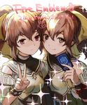  2girls bow bracelet breastplate brown brown_eyes copyright_name dark_persona dyute_(fire_emblem) fang fire_emblem fire_emblem_cipher fire_emblem_echoes:_mou_hitori_no_eiyuuou jewelry mayo_(becky2006) multiple_girls official_art pink_eyes ponytail simple_background sparkle v white_background 