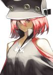  1girl big_hat cape closed_mouth dark_skin expressionless guilty_gear guilty_gear_xrd hat looking_at_viewer ramlethal_valentine red_eyes red_hair short_hair simple_background solo white_background zaki_(narashigeo) 