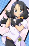  1girl artist_name beltbra bike_shorts black_hair blue_eyes blush dragon_ball dragonball_z eyebrows_visible_through_hair fingerless_gloves gloves highres long_hair looking_at_viewer lyn_(shunao) shirt short_hair simple_background smile solo twintails videl 