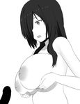  breast_hold breasts censored greyscale hair_over_one_eye imminent_paizuri inverted_nipples large_breasts long_hair looking_to_the_side monochrome nao_(ritsancrossover) nipples nude open_mouth original pai-chan_(nao) penis simple_background solo_focus sweatdrop upper_body white_background 