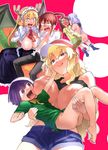  4girls :q blonde_hair blue_shorts blush bottomless breasts breasts_outside brown_hair carrying commentary_request denim denim_shorts dragon_girl dragon_horns dragon_tail dragon_wings erection erection_under_clothes eye_contact eyebrows_visible_through_hair full-face_blush genderswap genderswap_(ftm) gloves green_eyes hat heterochromia highres horns inverted_nipples kanna_kamui kitou_sakeru kobayashi-san_chi_no_maidragon kobayashi_(maidragon) large_breasts lavender_hair licking_lips long_hair looking_at_another magatsuchi_shouta maid maid_headdress medium_breasts multiple_boys multiple_girls nipples open_mouth ponytail princess_carry purple_eyes purple_hair quetzalcoatl_(maidragon) red_hair saikawa_riko scales shirt_lift short_hair shorts sitting slit_pupils socks tail tank_top tears tongue tongue_out tooru_(maidragon) twintails wavy_mouth white_gloves wings yellow_eyes yellow_pupils you_gonna_get_raped yuri 