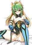 absurdres ahoge animal_ears arm_belt arm_garter asymmetrical_gloves atalanta_(fate) bangs bed blonde_hair blue_legwear blush boots breasts cat_ears commentary dress fate/apocrypha fate/grand_order fate_(series) gauntlets gloves gradient green_eyes green_hair harigane_shinshi highres holding long_hair multicolored_hair no_panties pussy pussy_juice simple_background small_breasts solo thigh_boots thighhighs two-tone_hair very_long_hair white_background 