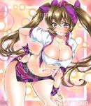  artist_name ass_visible_through_thighs at_classics bangs belt blush bow breasts brown_hair checkered checkered_skirt cleavage closed_mouth covered_nipples cowboy_shot eyebrows_visible_through_hair hair_between_eyes hair_bow hand_on_hip hand_on_own_thigh hat himekaidou_hatate large_breasts leaning_forward long_hair looking_at_viewer midriff navel purple_bow purple_eyes race_queen sample short_sleeves skirt smile solo stomach tokin_hat touhou traditional_media twintails very_long_hair watermark wristband 