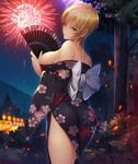  aerial_fireworks ass back bangs bare_shoulders black_kimono blonde_hair blurry blush bow breasts bursting_breasts bush closed_mouth cowboy_shot depth_of_field earrings eyebrows_visible_through_hair eyelashes eyes_visible_through_hair fan festival fingernails fireworks floral_print folding_fan from_side hair_between_eyes half-closed_eyes hand_up head_tilt highres holding holding_fan japanese_clothes jewelry kimono lantern large_breasts light_smile lights lips long_fingernails long_sleeves looking_at_viewer looking_back mountain naked_kimono night night_sky no_bra no_panties nobushito obi off_shoulder official_art outdoors paper_fan parted_bangs petals purple_eyes sash seductive_smile shiny shiny_hair shiny_skin short_hair side_slit sideboob sky smile solo sonia_(taimanin_asagi) standing star_(sky) starry_sky stud_earrings taimanin_(series) taimanin_asagi_kessen_arena thighs tight tree very_short_hair white_bow wide_sleeves yukata 