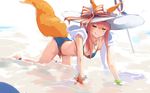  all_fours animal_ears anklet barefoot bikini blue_bikini breasts cleavage collarbone ears_through_headwear fate/extra fate/grand_order fate_(series) fox_ears fox_tail hat jewelry large_breasts long_hair looking_at_viewer nature ocean parasol pink_hair solo sun_hat swimsuit tail tail_raised tamamo_(fate)_(all) tamamo_no_mae_(fate) tamamo_no_mae_(swimsuit_lancer)_(fate) tongue tongue_out umbrella yellow_eyes yinzhang 