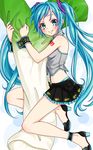  aqua_eyes aqua_hair blue_hair body_pillow from_side hatsune_miku high_heels highres kotobuki0101 long_hair looking_at_viewer lying midriff no_detached_sleeves on_side pillow pillow_straddling skirt smile solo spring_onion suspender_skirt suspenders tattoo twintails very_long_hair vocaloid wrist_cuffs 