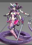  breasts brown_hair covered_nipples fangs gorgon green_eyes grey_background highres knife lamia large_breasts mecha_musume monster_girl multiple_arms navel original quadruple_wielding slit_pupils snake snake_hair sword underboob weapon yin_gren 