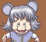  animal_ears commentary grey_hair looking_at_viewer lowres meme mouse_ears nazrin open_mouth profitshame puffy_cheeks short_hair simple_background solo squinting touhou 