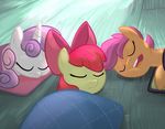  1trick 2017 apple_bloom_(mlp) cutie_mark_crusaders_(mlp) earth_pony equine eyes_closed friendship_is_magic group hair hair_bow hair_ribbon horse lying mammal multicolored_hair my_little_pony pony ribbons scootaloo_(mlp) sleeping sweetie_belle_(mlp) two_tone_hair young 